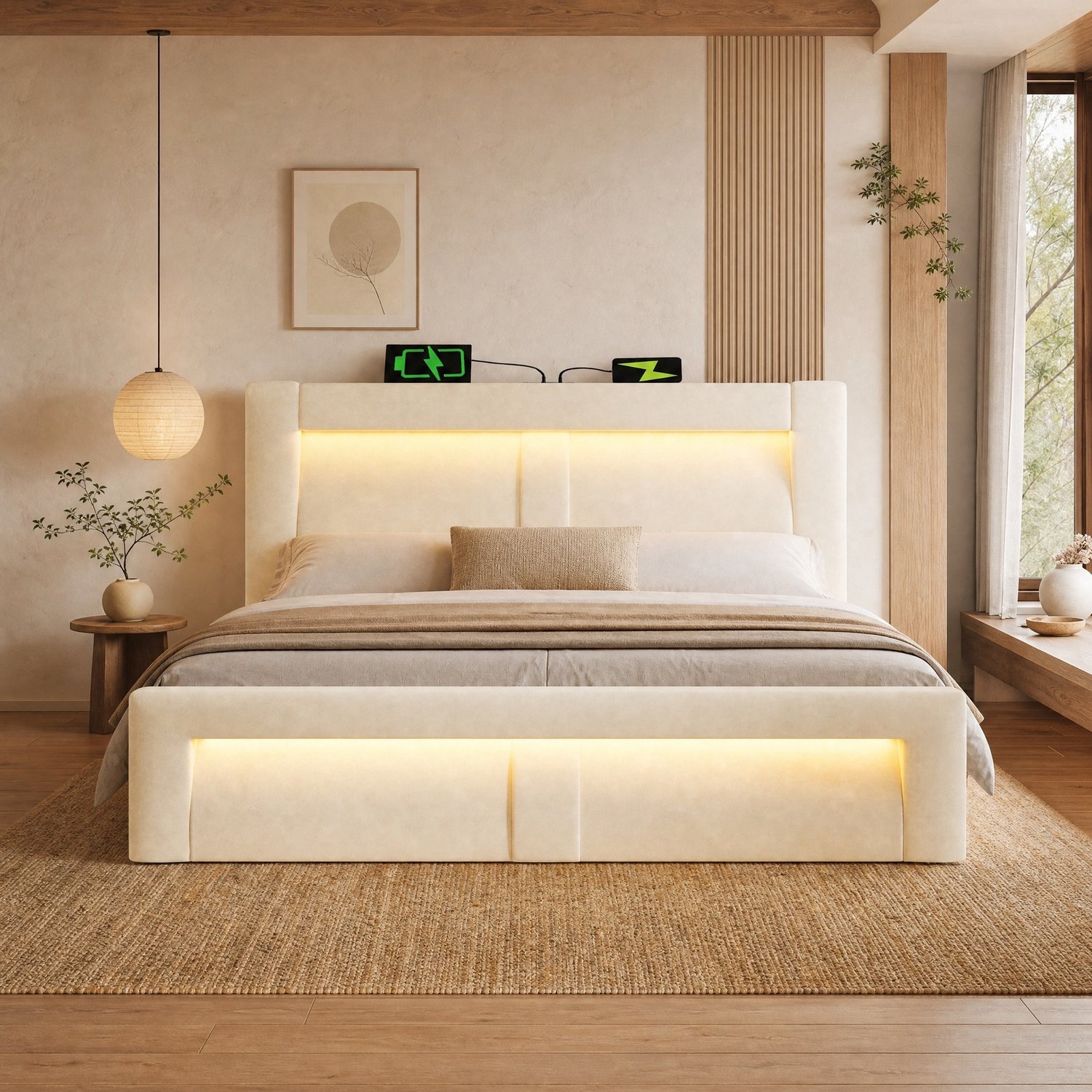 Maisentiel Tweepersoonsbed 140x200 cm met opbergruimte, led en USB-C - beige fluweel