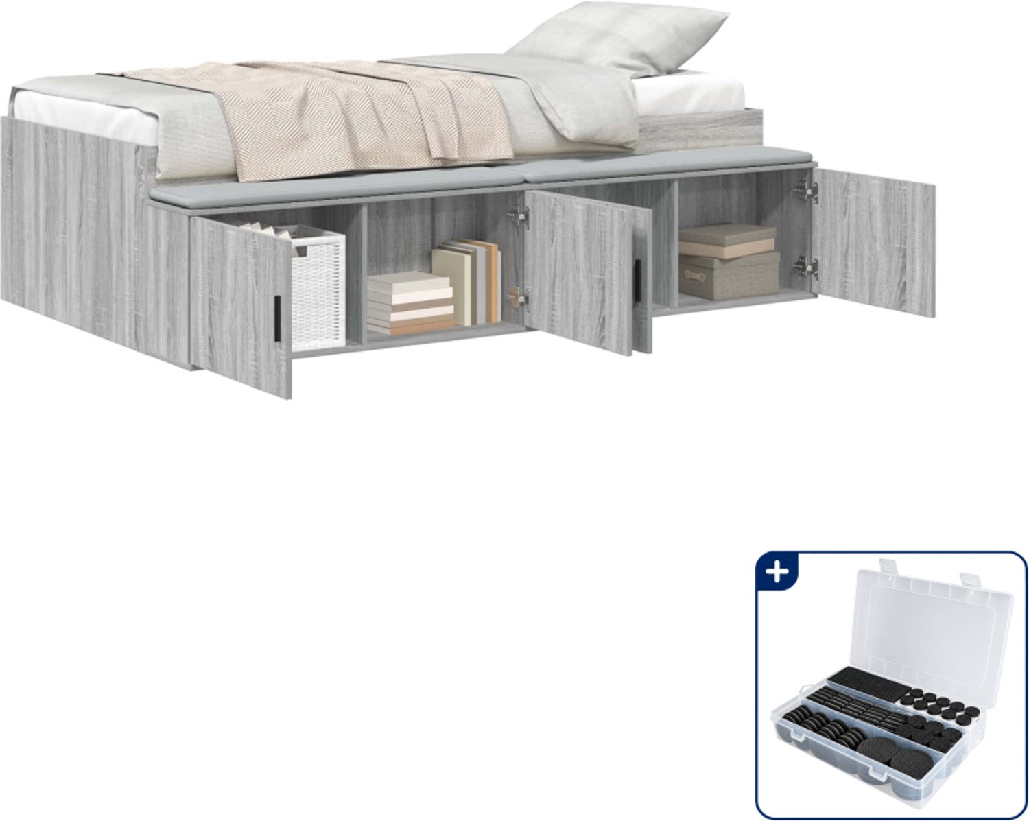 vidaXL bedframe met lade - 90 x 200 cm - bewerkt hout - grijs sonoma - Inclusief antikrasvilt 177-delig