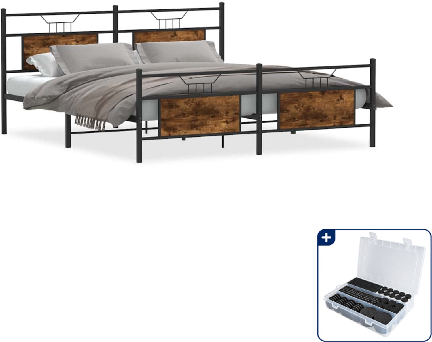 vidaXL bedframe - 183 x 213 cm - staal en bewerkt hout - gerookt eiken - Inclusief antikrasvilt 177-delig Bruin