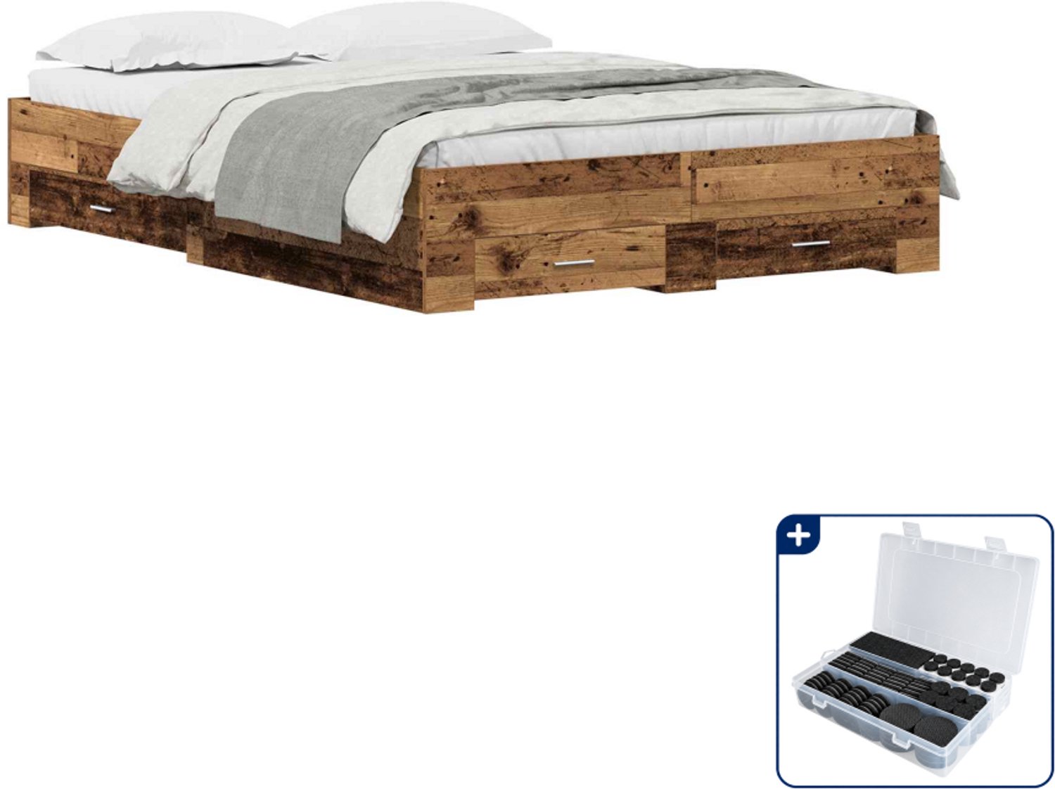 vidaXL bedframe met lade - 135 x 190 cm - bewerkt hout - oud hout - Inclusief antikrasvilt 177-delig Blauw