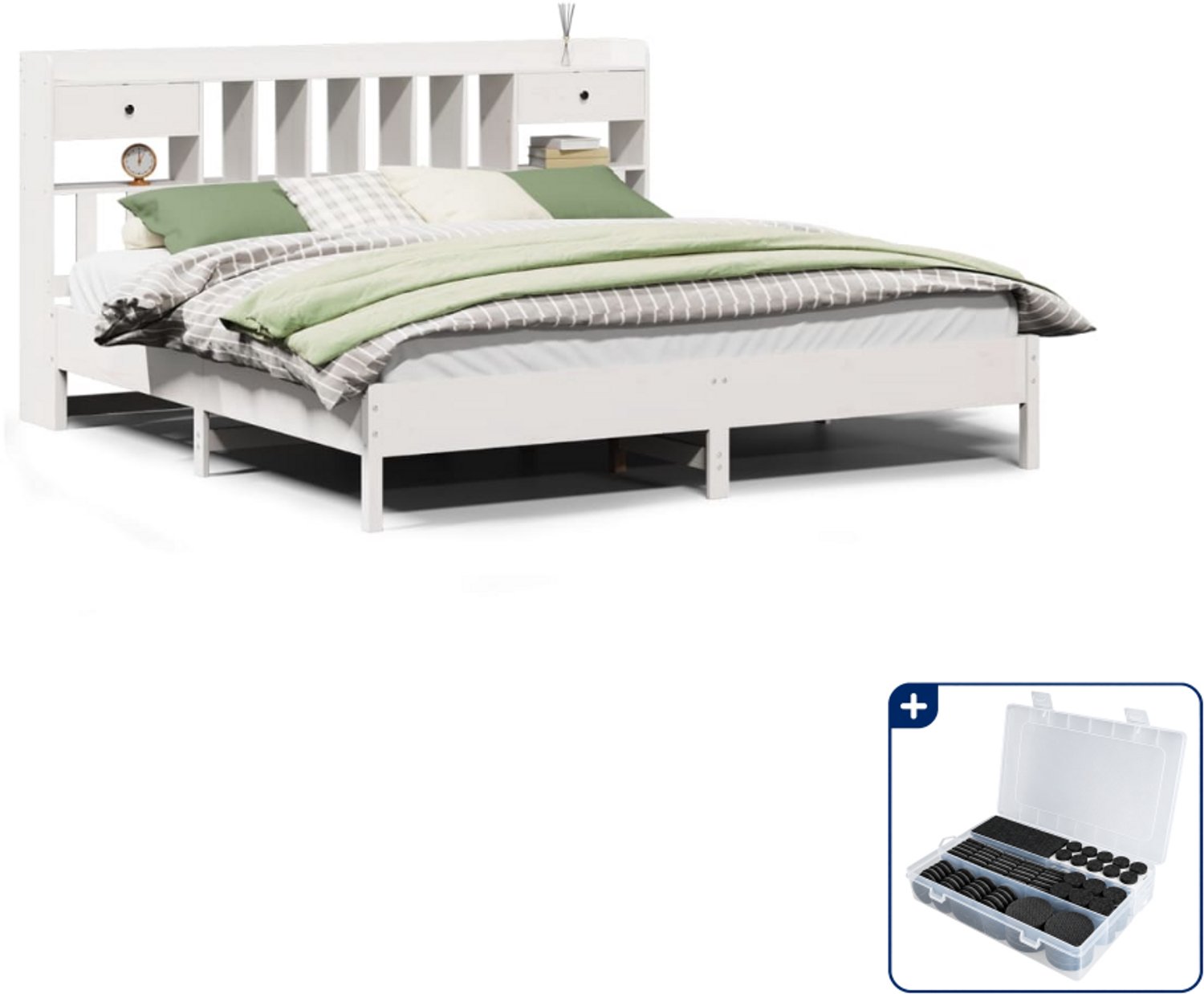 vidaXL Bed met boekenkast Kingsize - 180 x 200 cm - wit - Inclusief antikrasvilt 177-delig Bruin