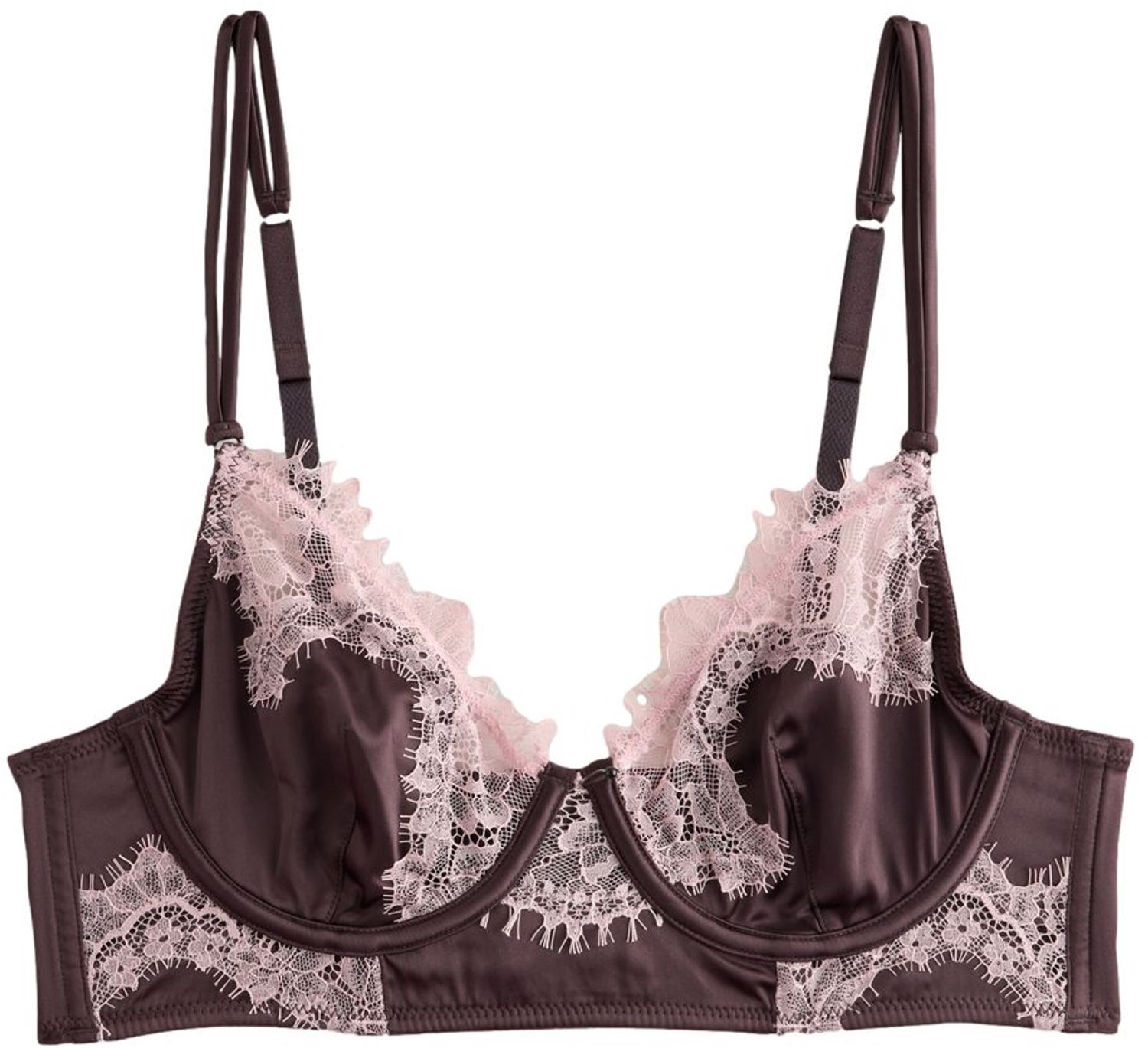 Next Dames - Hoogglanzende push-up beha van satijn en kant zonder vulling met diepe decolleté - Bruin Chocolate Brown