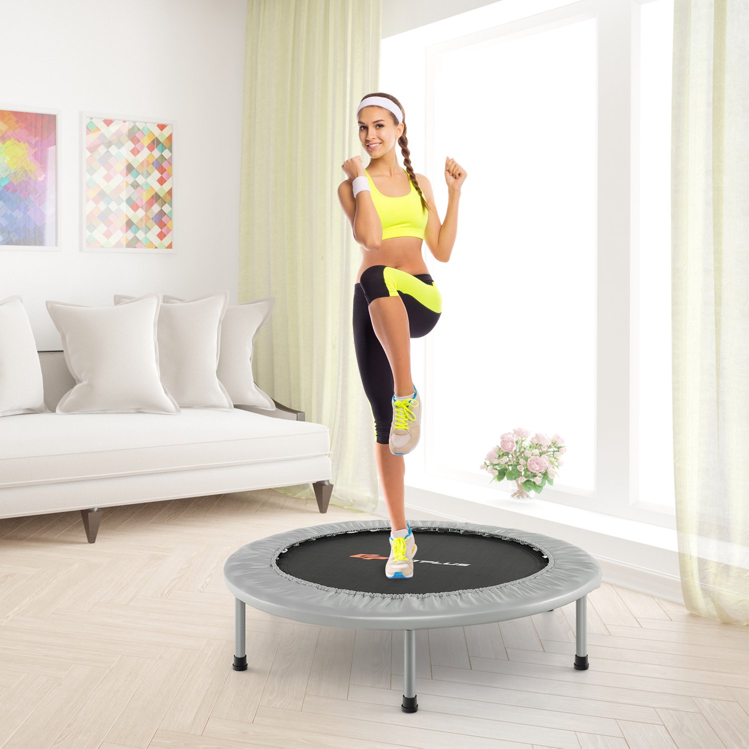 COSTWAY Fitness-Trampoline Ø 97 cm - Opvouwbaar - Belastbaar tot 150 kg - Grijs