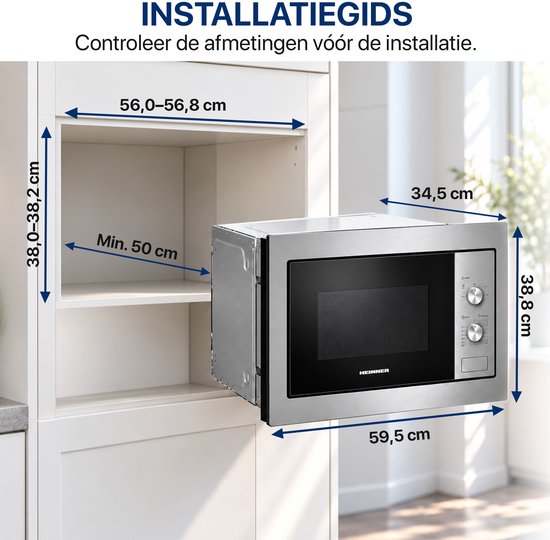 Installatiegids voor inbouwmagnetron met maataanduidingen in cm voor de nis en het apparaat.