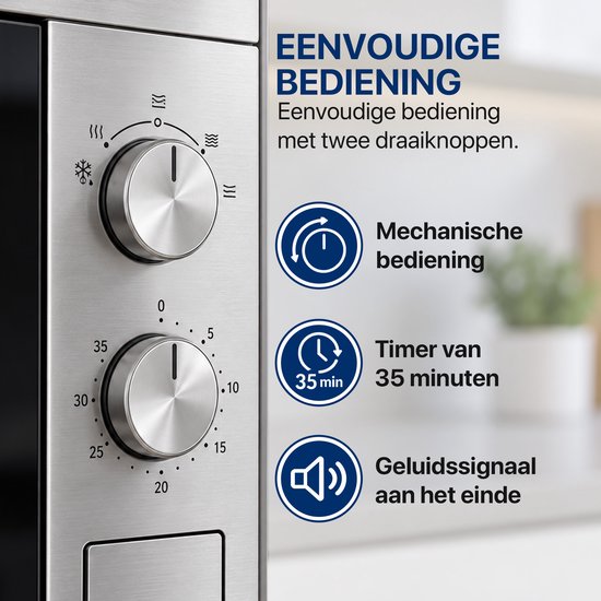 Detailopname van de twee zilverkleurige draaiknoppen voor mechanische bediening en timer.
