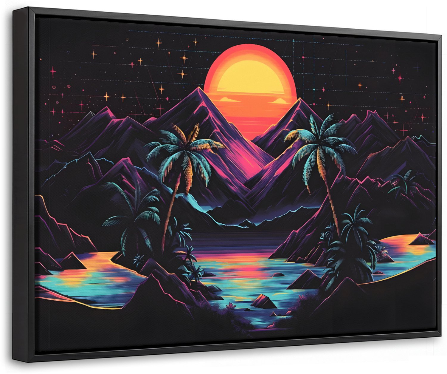Canvas Schilderij met Baklijst 30x20cm - Palmbomen - Neonbergen - Sterrenhemel - Zon - Muurdecoratie woonkamer - Slaapkamer decoratie - Kamer accessoires - Schilderijen op canvas met lijst