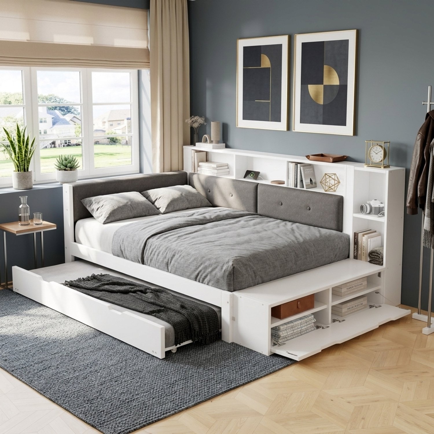 VVBV Eenpersoonsbed 120x200 – Opbergruimte, Uitschuifbaar, Hoofdbord – Eenpersoonsbed met Opbergruimte – Hout + Textiel – Wit + gray White+gray