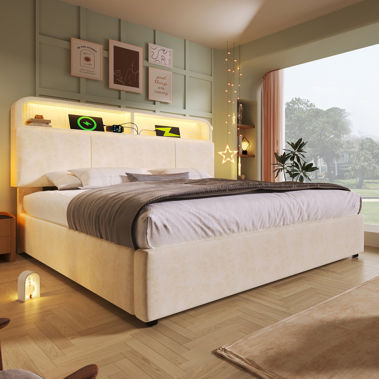 MUVANO Bed 140 x 200 cm met matras - Tweepersoons opbergbed - Led en USB-C - Verstelbaar hoofdbord - Fluweel en metaal - Voor de slaapkamer - Beige