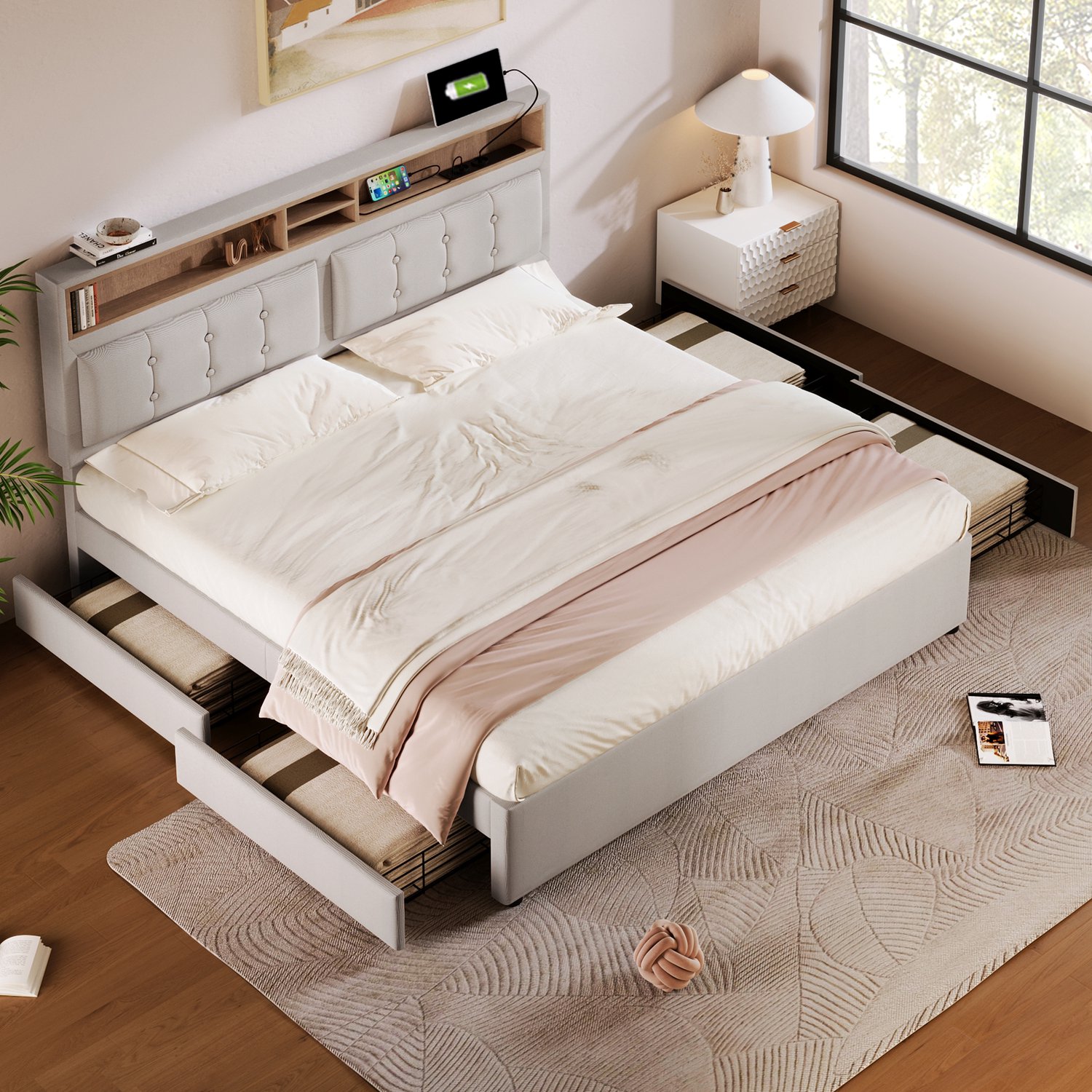 Vovtenza Tweepersoonsbed met 4 lades en USB-C-aansluiting - gestoffeerd bed 140x200 cm - in hoogte verstelbaar hoofdeinde - lattenbodem - Beige(exclusief matras)