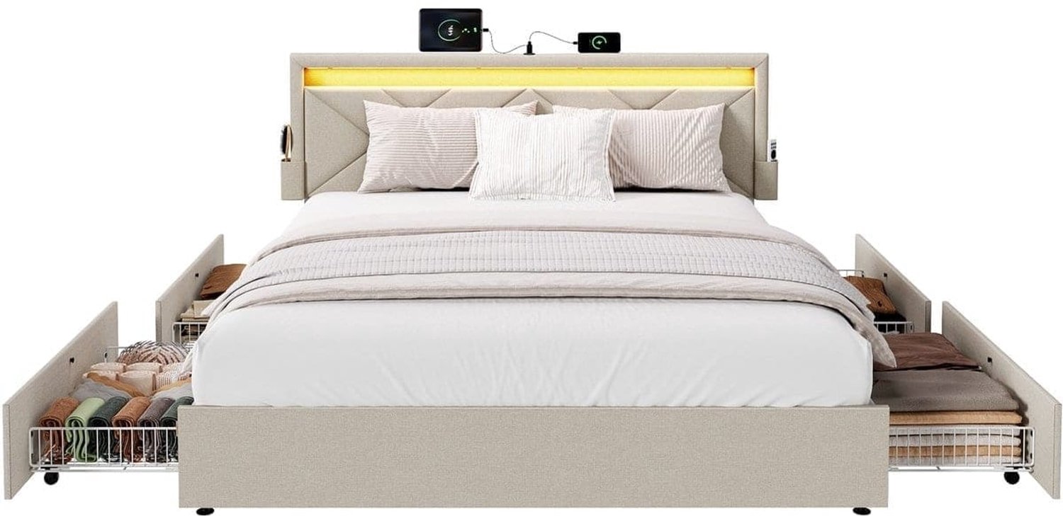 Klarven Hoofdbord Cappuccinobeige - Verlichting Hoofdbord - Verlichting - Headboard - Verstelbaar met 4 Lades - Afstandsbediening en USB Oplaadpoorten - Draagvermogen 500 kg
