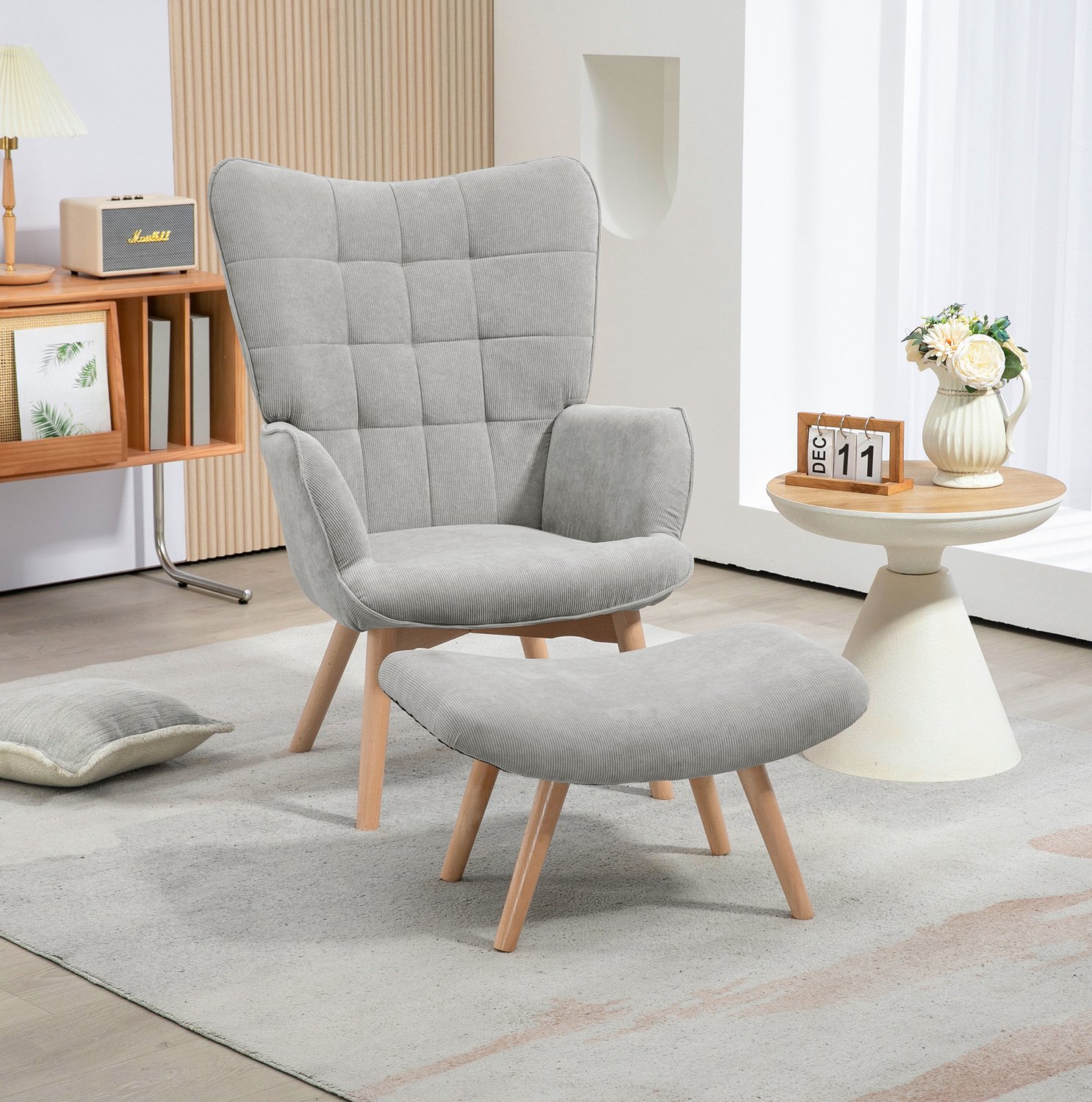 STILVORA Fauteuil Met Hocker 80 x 72 x 101 cm - Hoge Rugleuning En Zachte Bekleding - Voor Woonkamer - Polyester En Beukenhout - Grijs