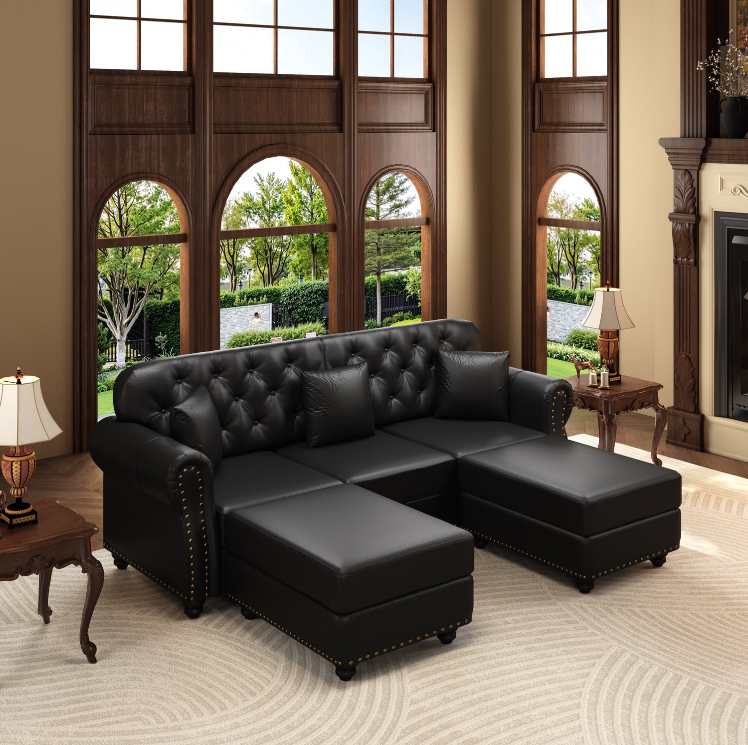 MODENUIT Chesterfield Bank 210 cm - 3-Zits Met 2 Hockers - Knoopdetails - Woonkamer - Kunstleer - Zwart