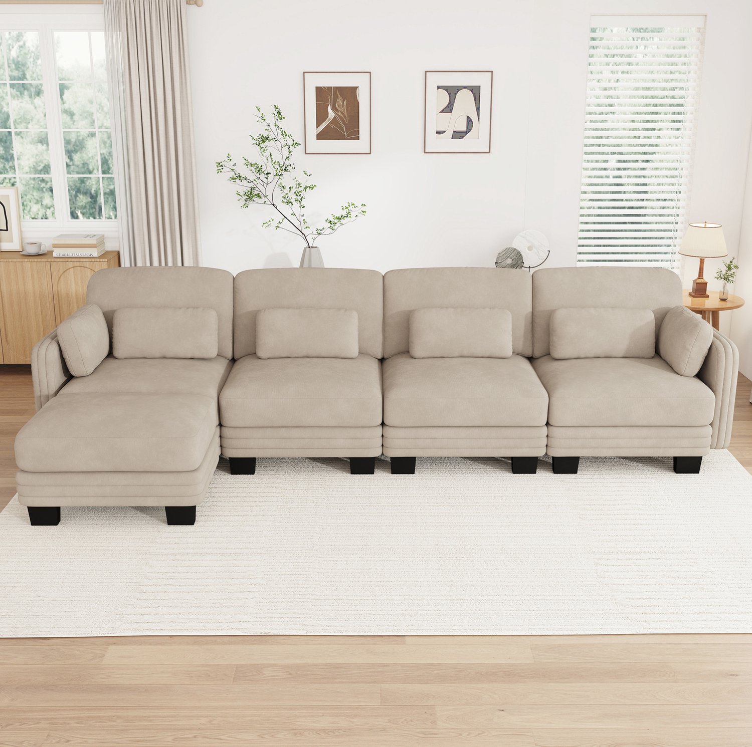 MODENUIT Hoekbank 330 x 143 x 88 cm - Modulaire 4-Zits Met Hocker - Woonkamer - Chenille - Lichtbruin