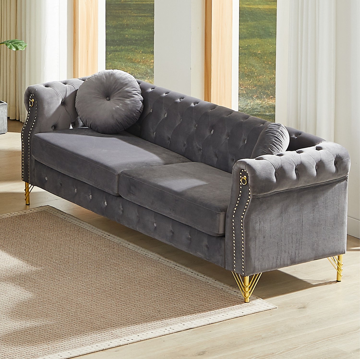 MODENUIT Chesterfield Bank 2-Zits - Knopen en Armleuningringen - Voor Woonkamer - Fluweel - Grijs