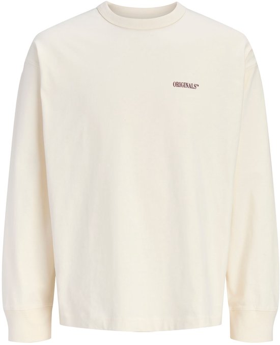 Crèmekleurig T-shirt met lange mouwen en kleine bordeauxrode 'ORIGINALS' opdruk op de borst.