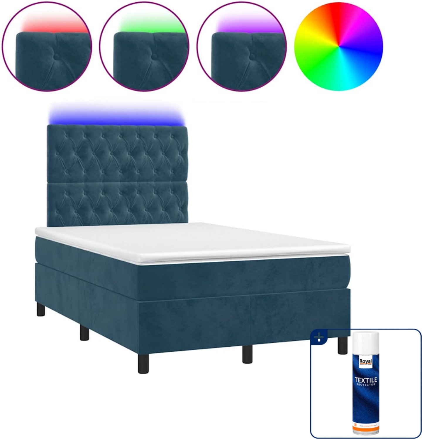 vidaXL boxspring met matras en LED - 120 x 190 cm - fluweel - donkerblauw - Inclusief textielbeschermer 500 ml