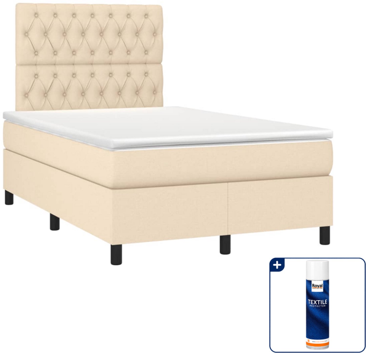 vidaXL boxspring met matras 120 x 190 cm - stof - crèmekleurig - Inclusief textielbeschermer 500 ml