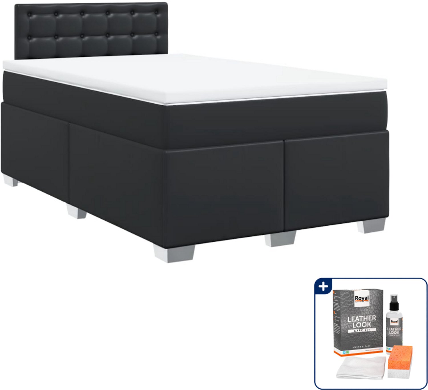 vidaXL boxspring met matras 120 x 190 cm - kunstleer - zwart - Inclusief onderhoudsset voor kunstleer 150 ml