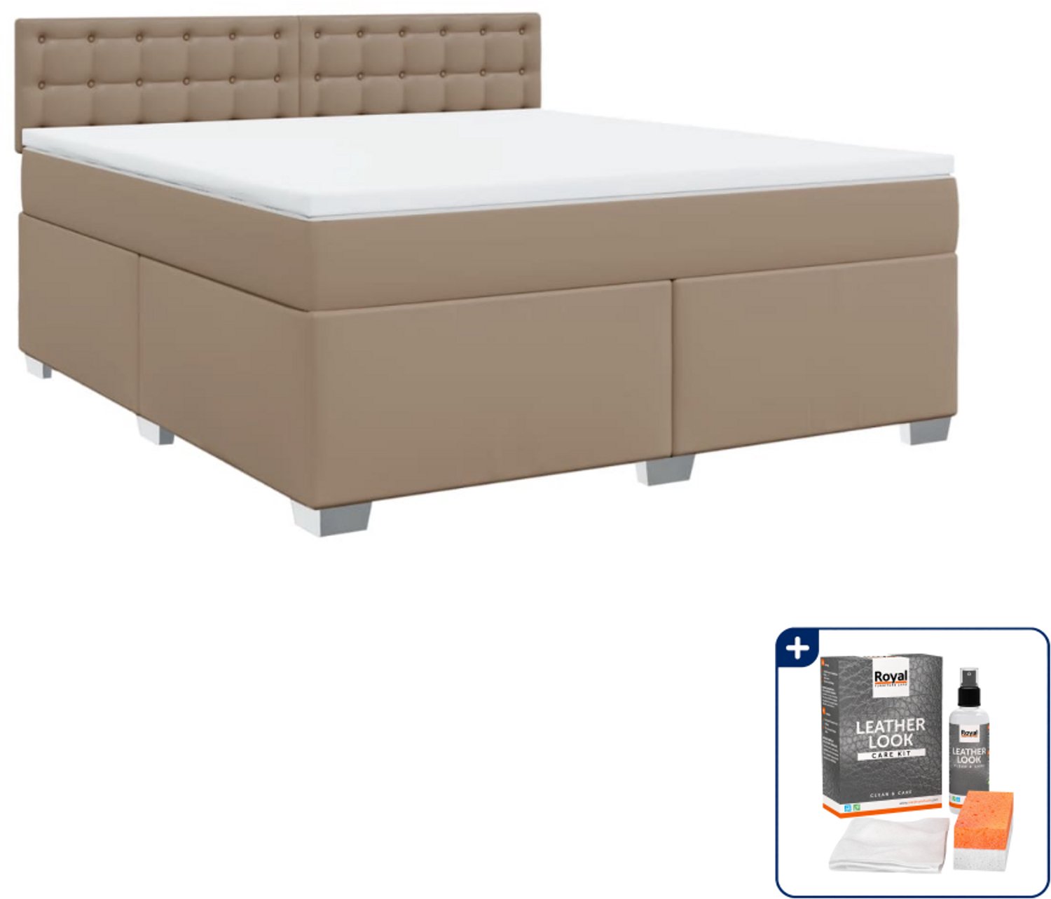 vidaXL Kingsize boxspring met matras - kunstleer - cappuccino - Inclusief onderhoudsset voor kunstleer 150 ml Bruin