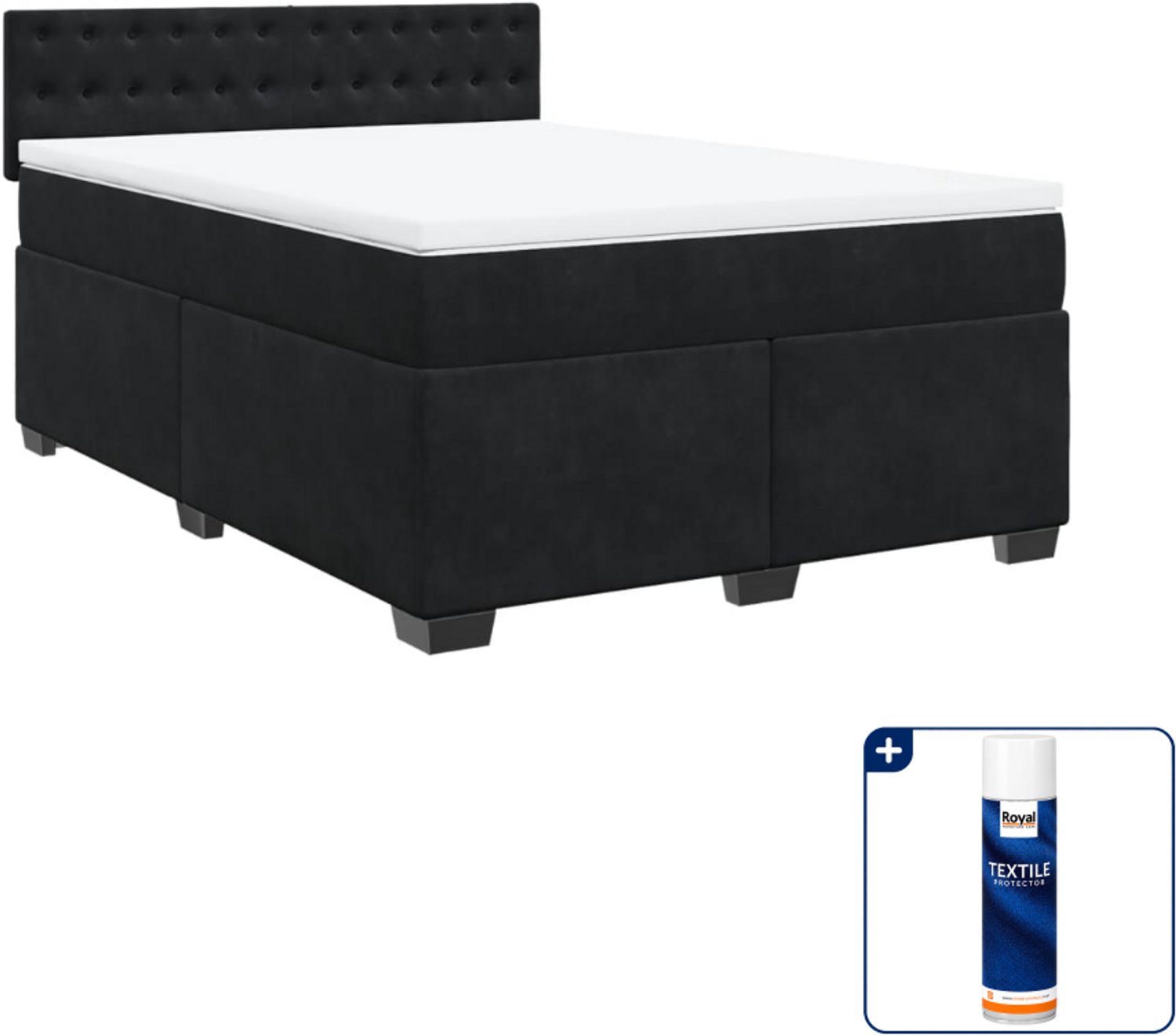 vidaXL Queensize boxspring met matras 160 x 200 cm - fluweel - zwart - Inclusief textielbeschermer 500 ml