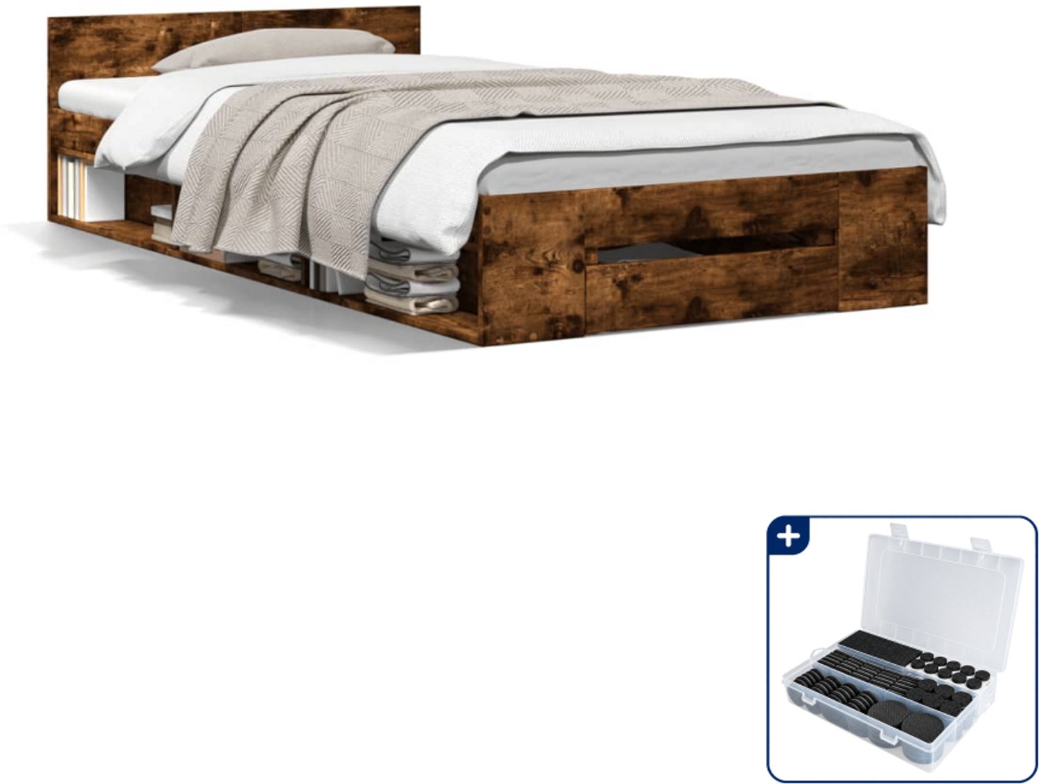 vidaXL Bedframe - 90 x 200 cm - bewerkt hout - gerookt eiken - Inclusief antikrasvilt 177-delig Wit