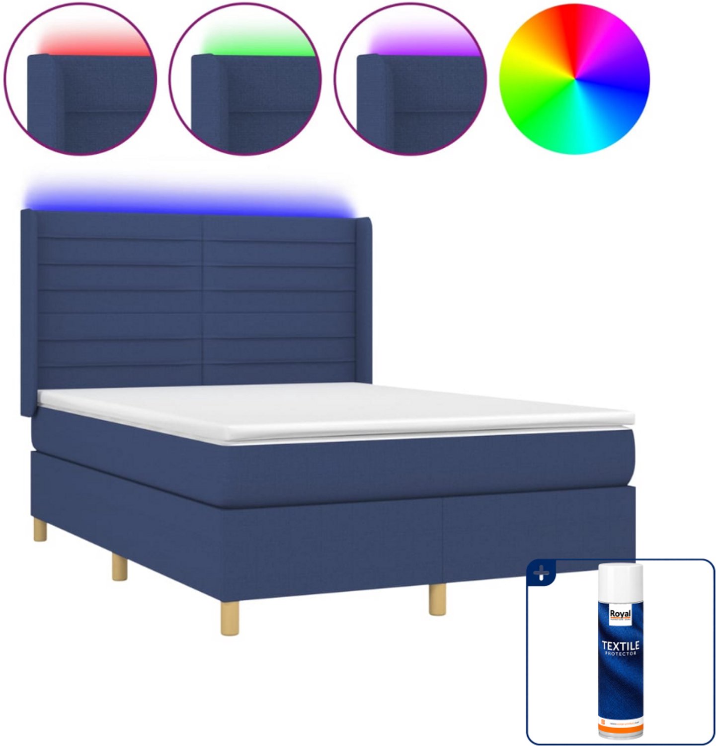 vidaXL boxspring met matras en LED - 140 x 190 cm - blauw - Inclusief textielbeschermer 500 ml