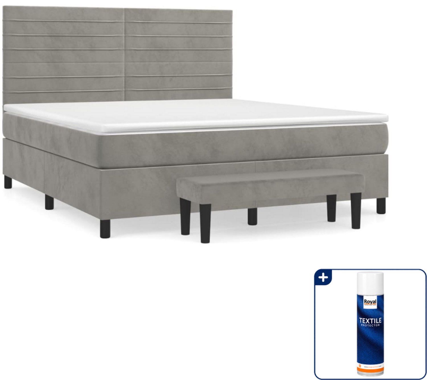 vidaXL Kingsize boxspring met matras en bankje - 180 x 200 cm - grijs - Inclusief textielbeschermer 500 ml