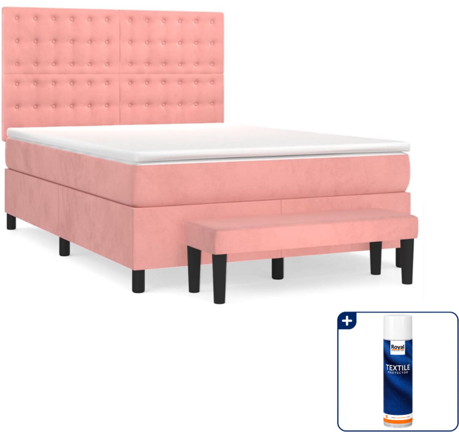 vidaXL boxspring met matras - Small double 140x200 cm - fluweel - roze - Inclusief textielbeschermer 500 ml
