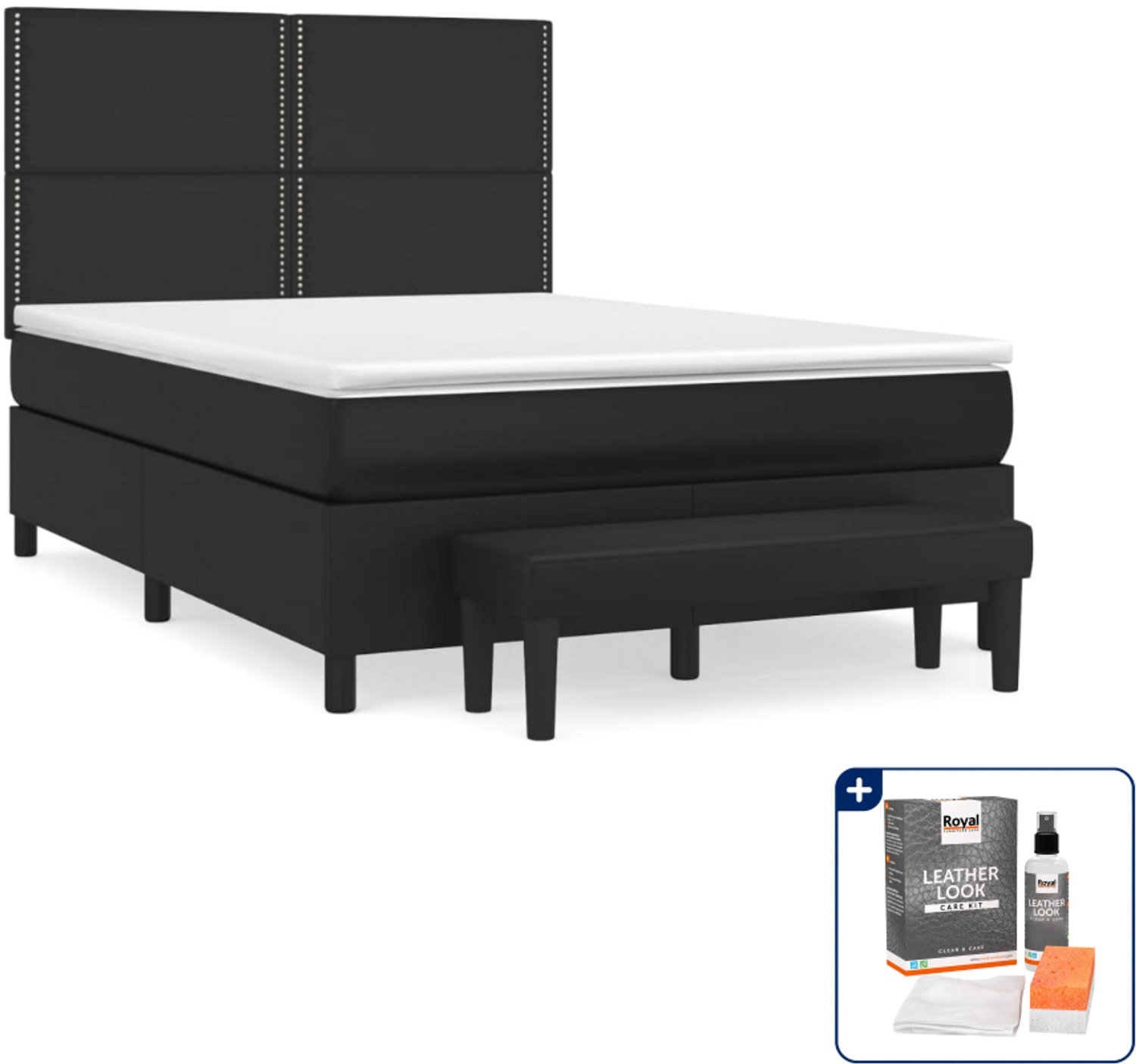 vidaXL boxspring met matras en bankje - Small double - 140x200 cm - zwart - Inclusief onderhoudsset voor kunstleer 150 ml