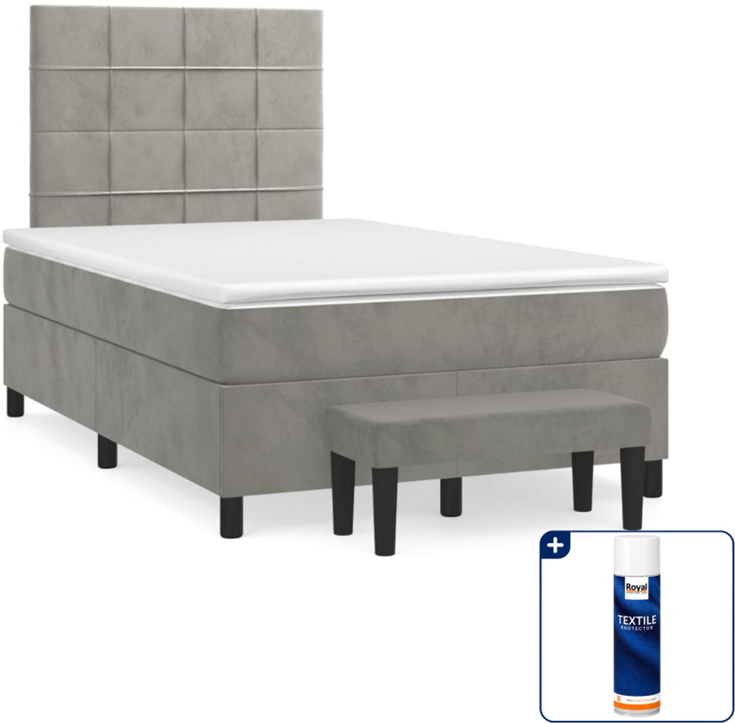 vidaXL boxspring met matras en bankje - 120 x 200 cm - lichtgrijs - Inclusief textielbeschermer 500 ml