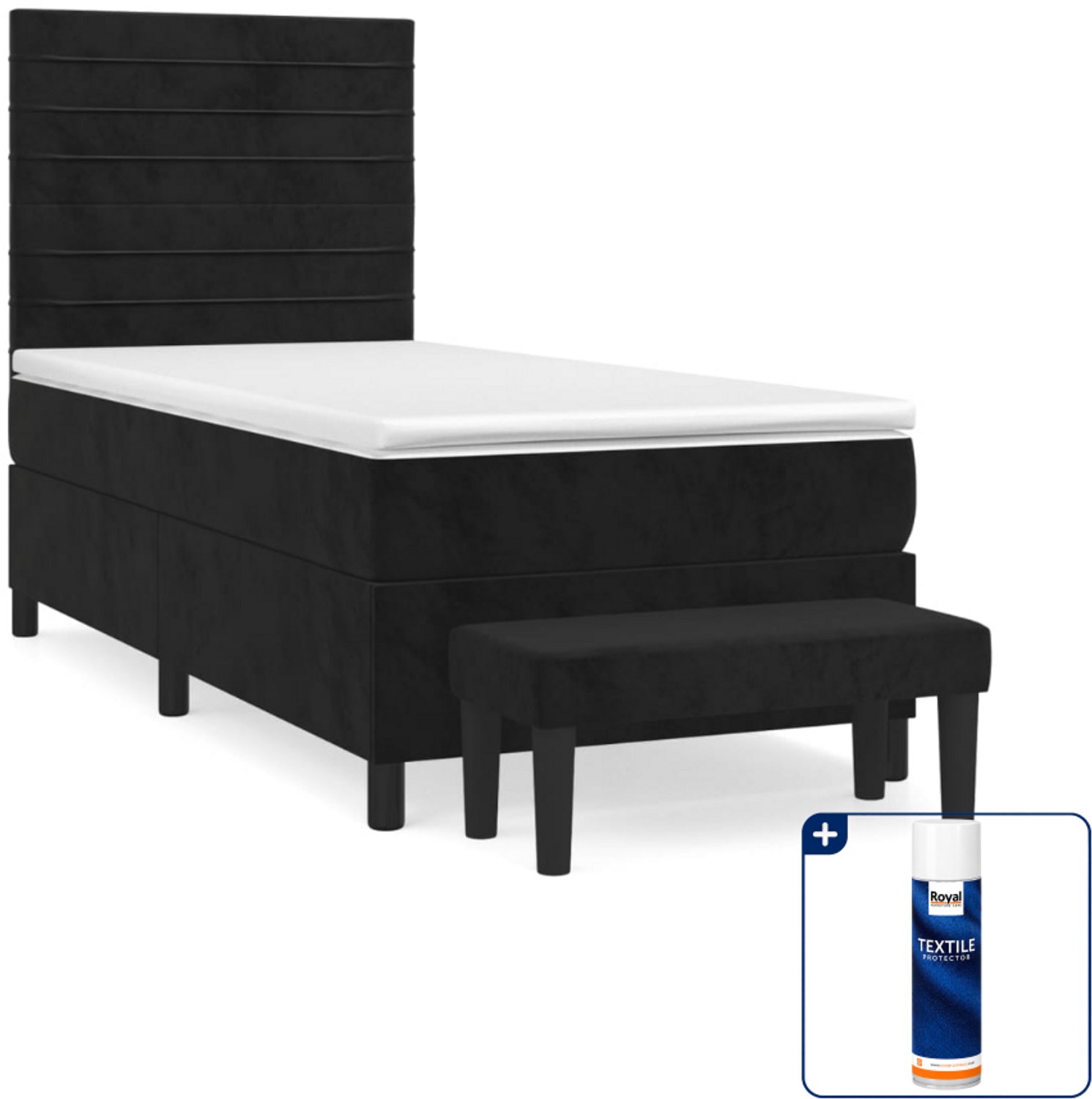 vidaXL boxspring met matras en bankje - 90 x 200 cm - fluweel - zwart - Inclusief textielbeschermer 500 ml