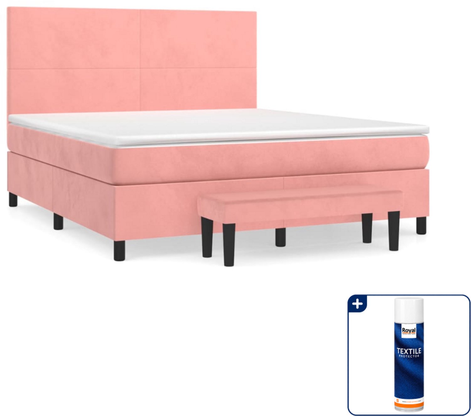 vidaXL Queensize boxspring met matras en bankje - 160 x 200 cm - roze - Inclusief textielbeschermer 500 ml