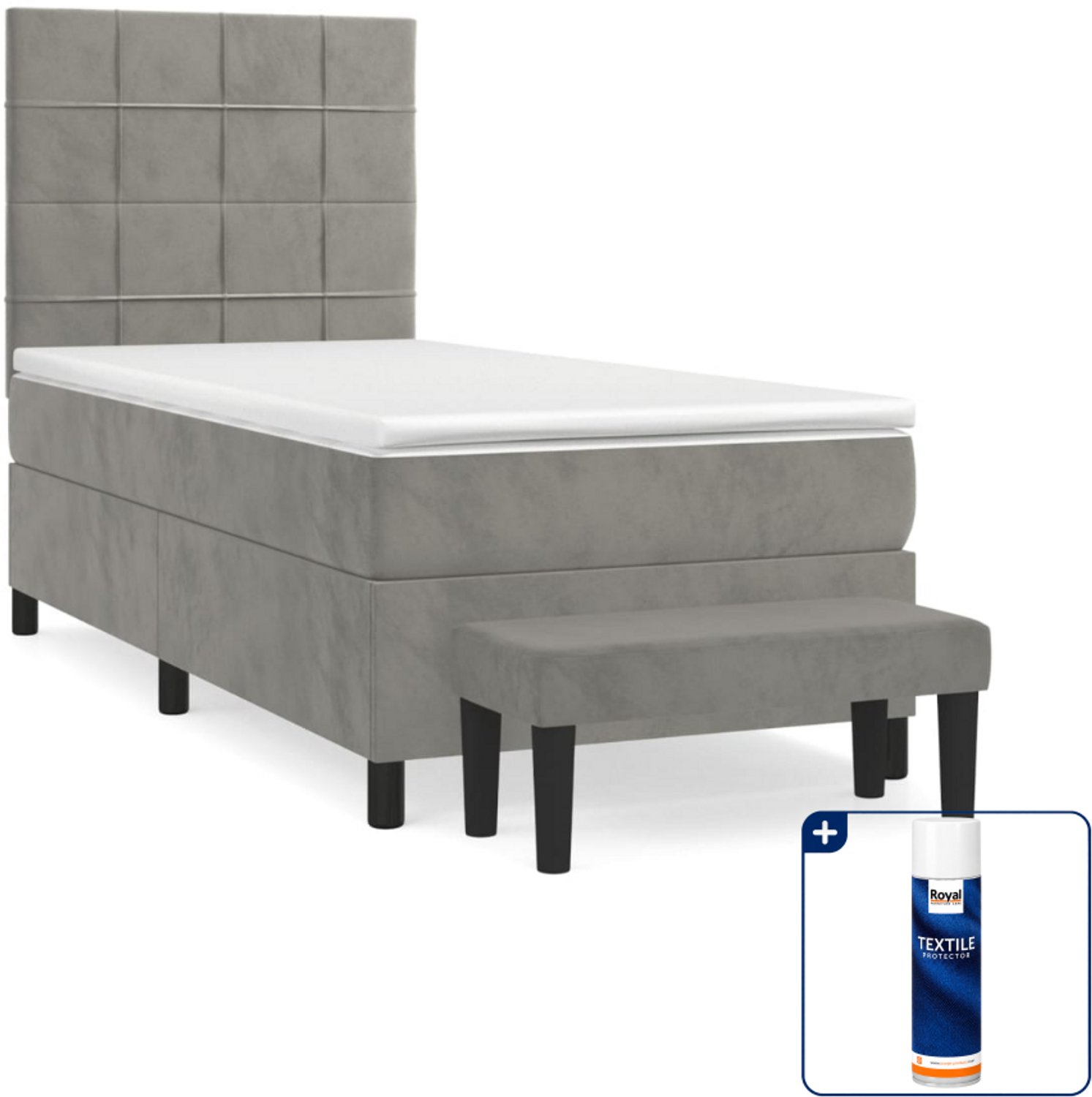 vidaXL Boxspringset met matras - 90 x 200 cm - fluweel - lichtgrijs - Inclusief textielbeschermer 500 ml
