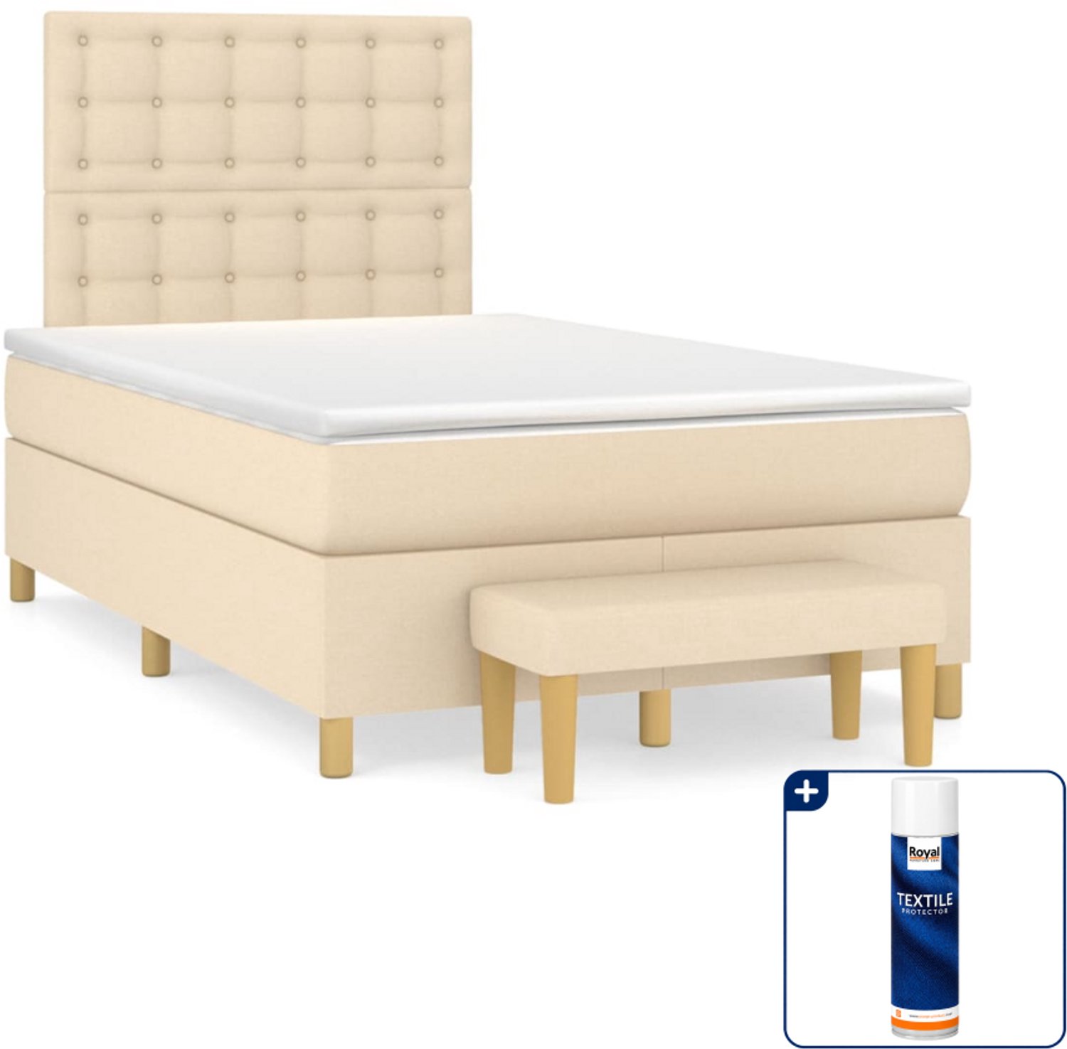 vidaXL boxspring met matras en bankje - 120 x 200 cm - crème - Inclusief textielbeschermer 500 ml