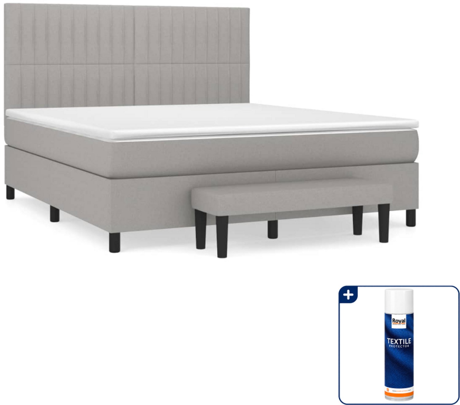 vidaXL Kingsize boxspring met matras en bankje - 180 x 200 cm - lichtgrijs - Inclusief textielbeschermer 500 ml