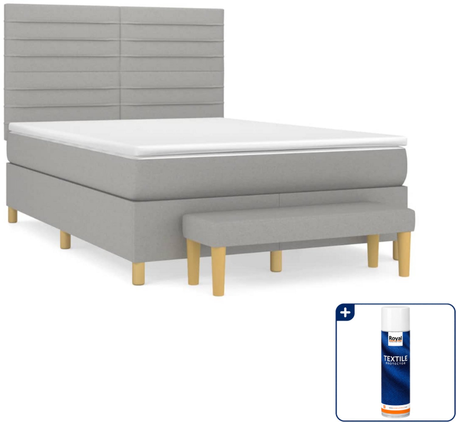 vidaXL boxspring met matras en bankje - 140 x 190 cm - lichtgrijs - Inclusief textielbeschermer 500 ml