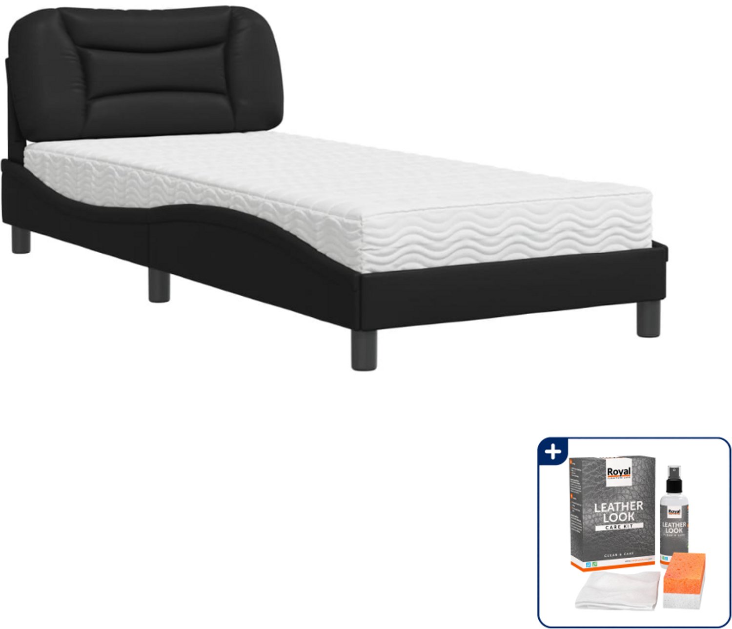 vidaXL Hvar bed met matras - 90 x 200 cm - kunstleer - zwart - Inclusief onderhoudsset voor kunstleer 150 ml Grijs