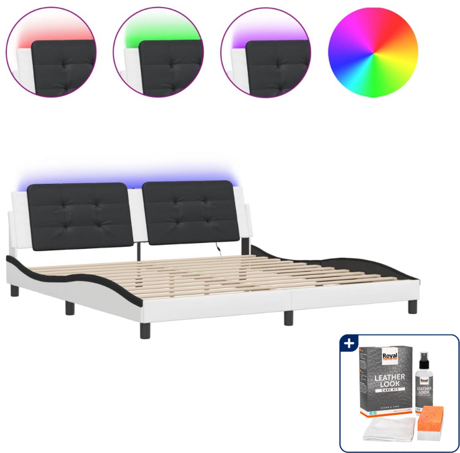 vidaXL Zadar bedframe - Super kingsize - 200 x 200 cm - wit en zwart - Inclusief onderhoudsset voor kunstleer 150 ml