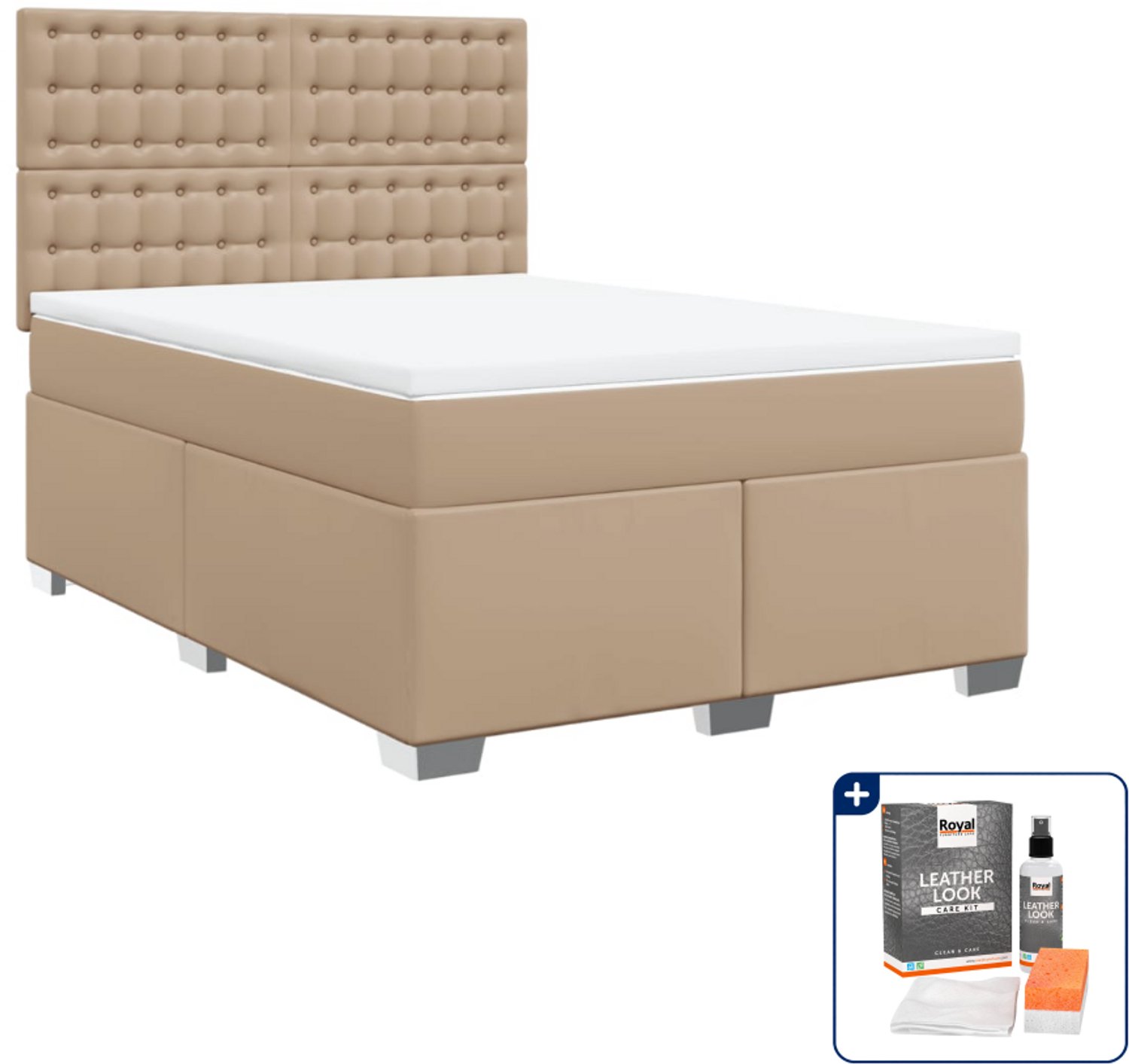 vidaXL boxspring met matras 140 x 190 cm - kunstleer - cappuccino - Inclusief onderhoudsset voor kunstleer 150 ml Bruin