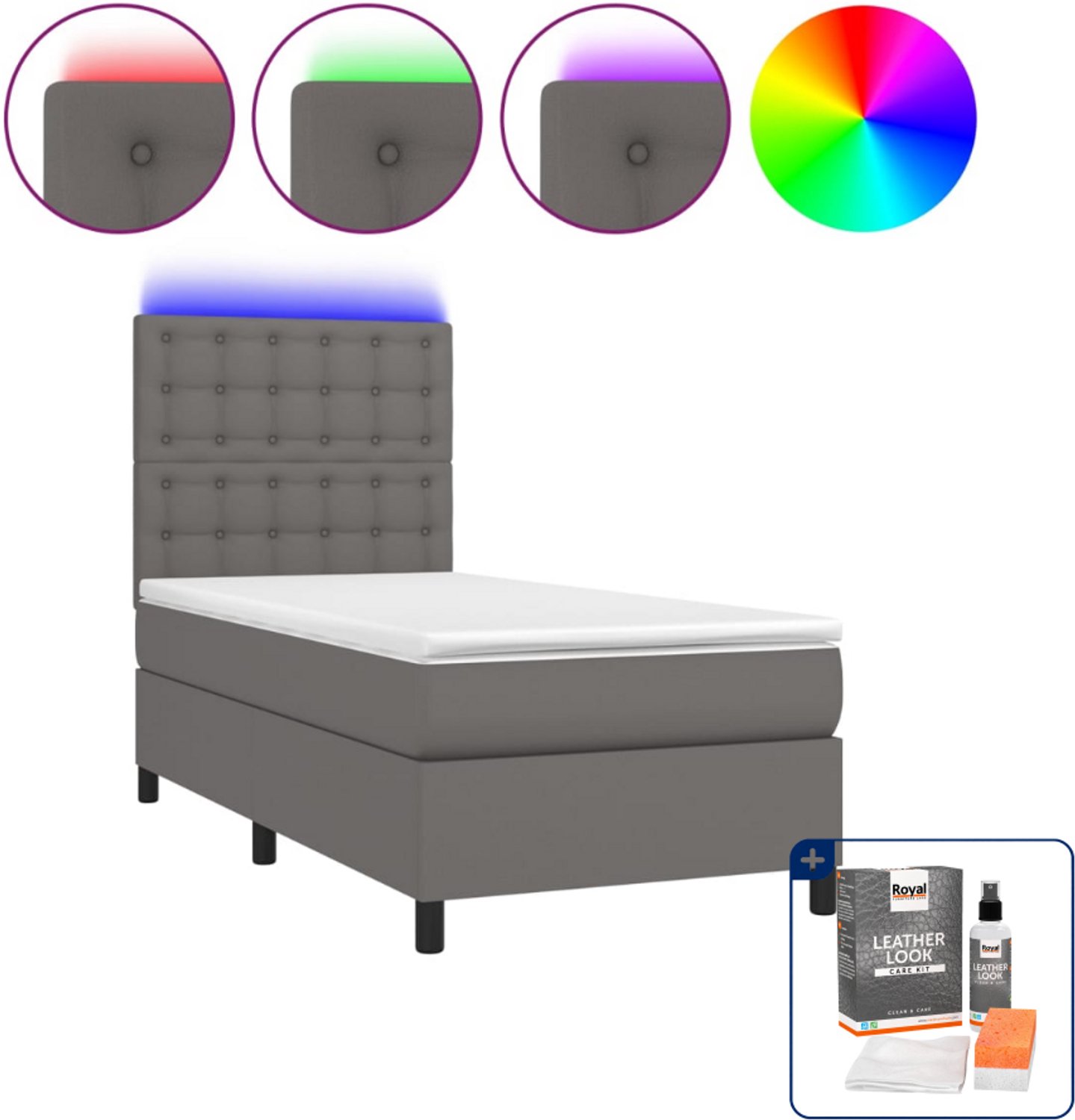 vidaXL boxspring met matras en led - 90 x 190 cm - grijs - Inclusief onderhoudsset voor kunstleer 150 ml