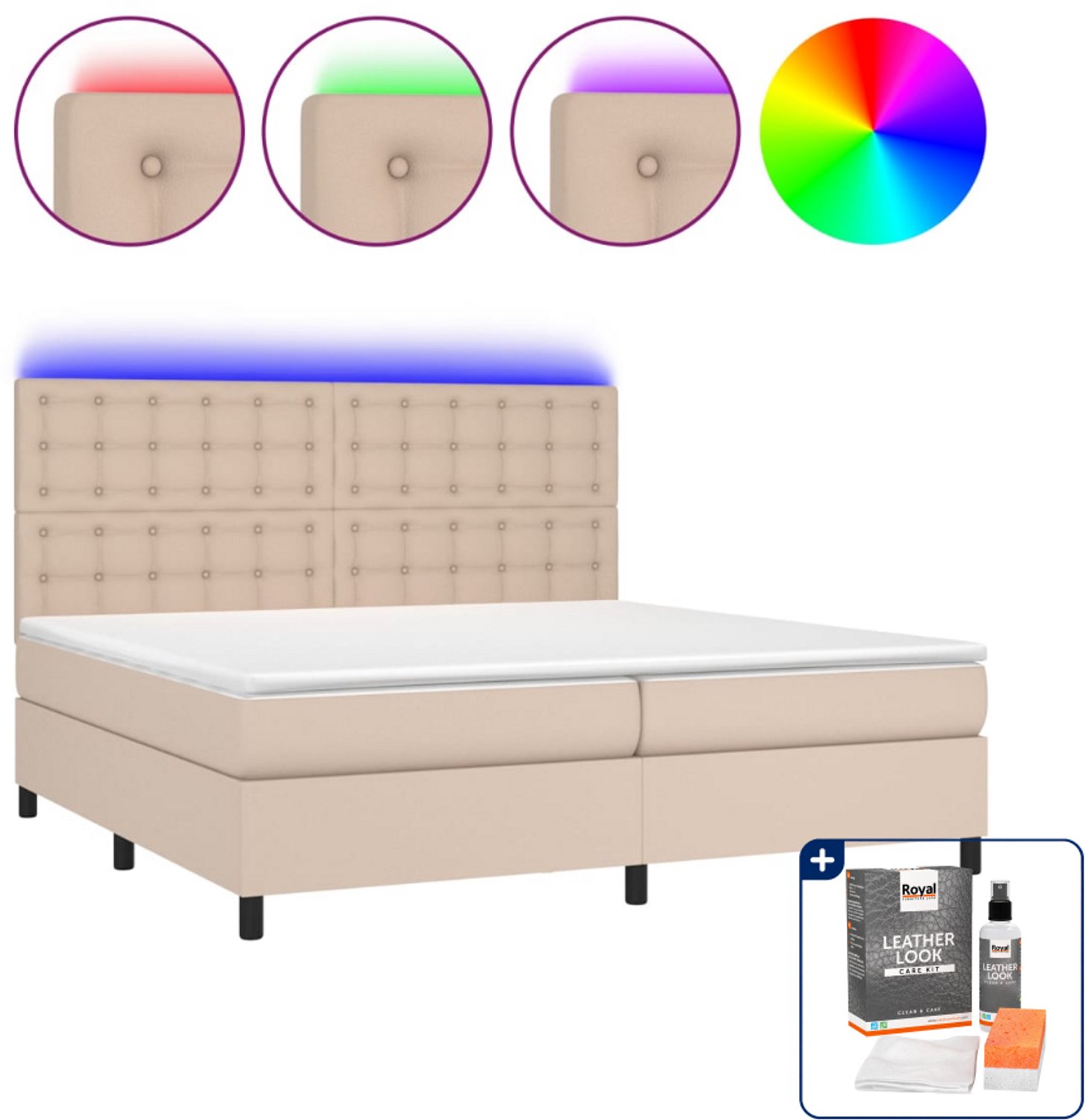 vidaXL boxspring met matras en LED - 200 x 200 cm - cappuccino - Inclusief onderhoudsset voor kunstleer 150 ml Bruin