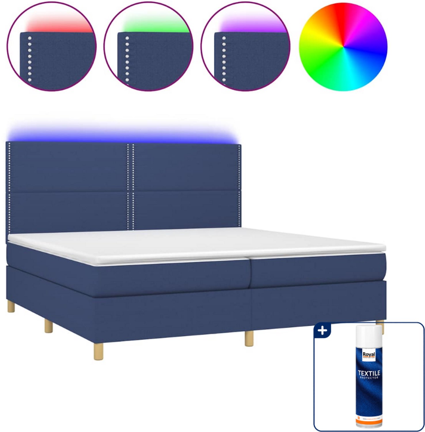 vidaXL boxspring met matras en led - 200 x 200 cm - blauw - Inclusief textielbeschermer 500 ml