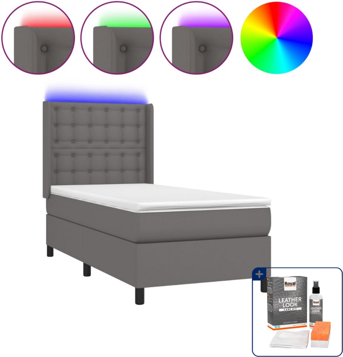 vidaXL boxspring - 90 x 190 cm - kunstleer - grijs - Inclusief onderhoudsset voor kunstleer 150 ml