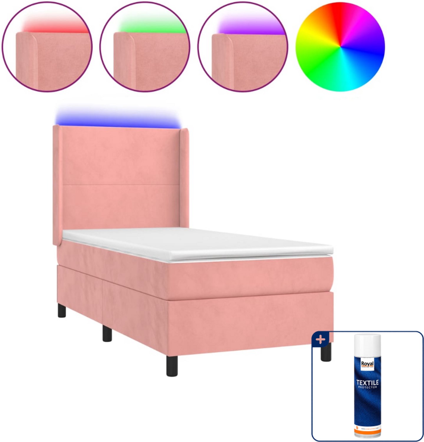 vidaXL boxspring met matras en LED - 90 x 190 cm - fluweel - roze - Inclusief textielbeschermer 500 ml