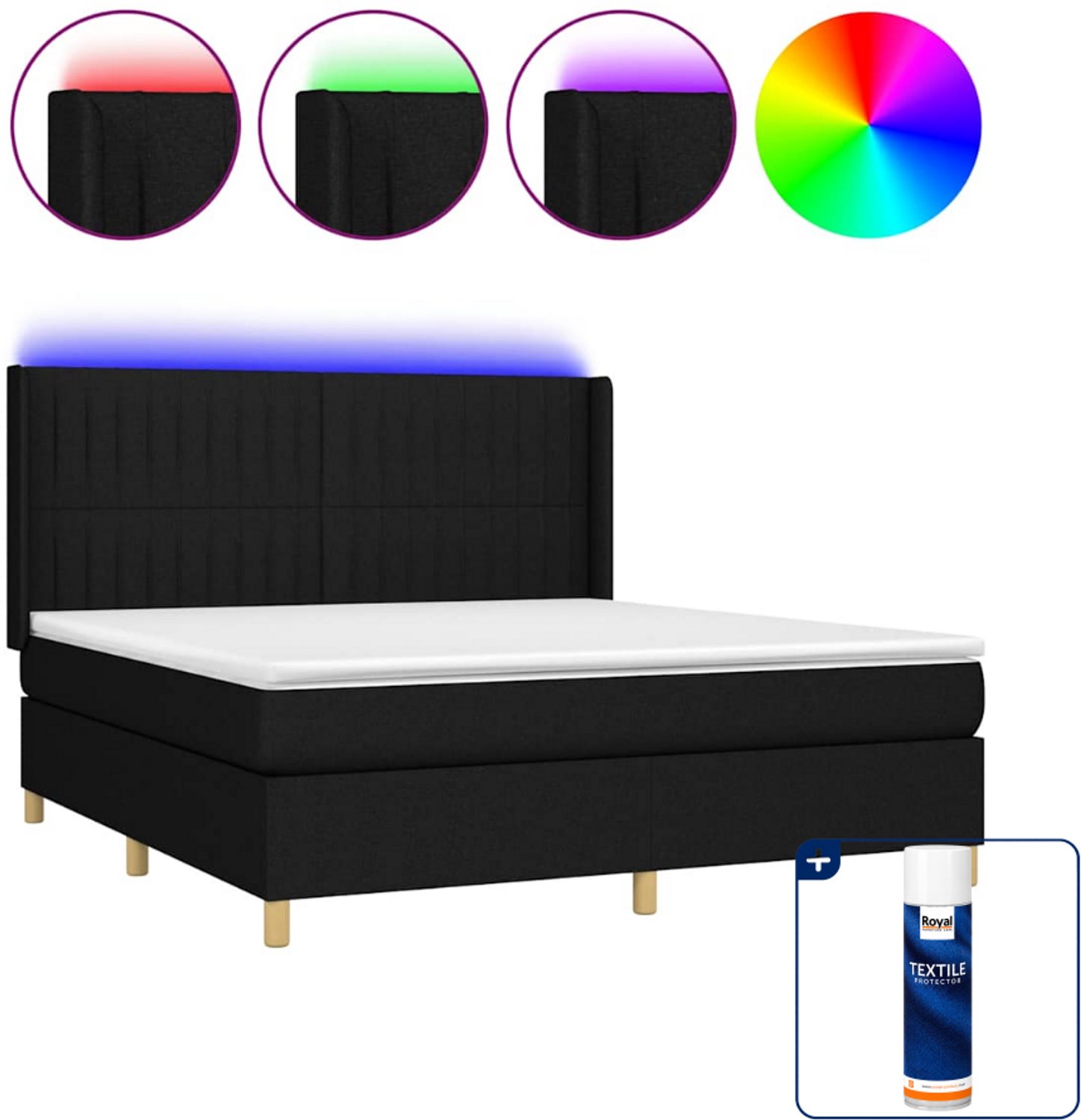vidaXL Kingsize boxspring met matras en LED - 180 x 200 cm - zwart - Inclusief textielbeschermer 500 ml
