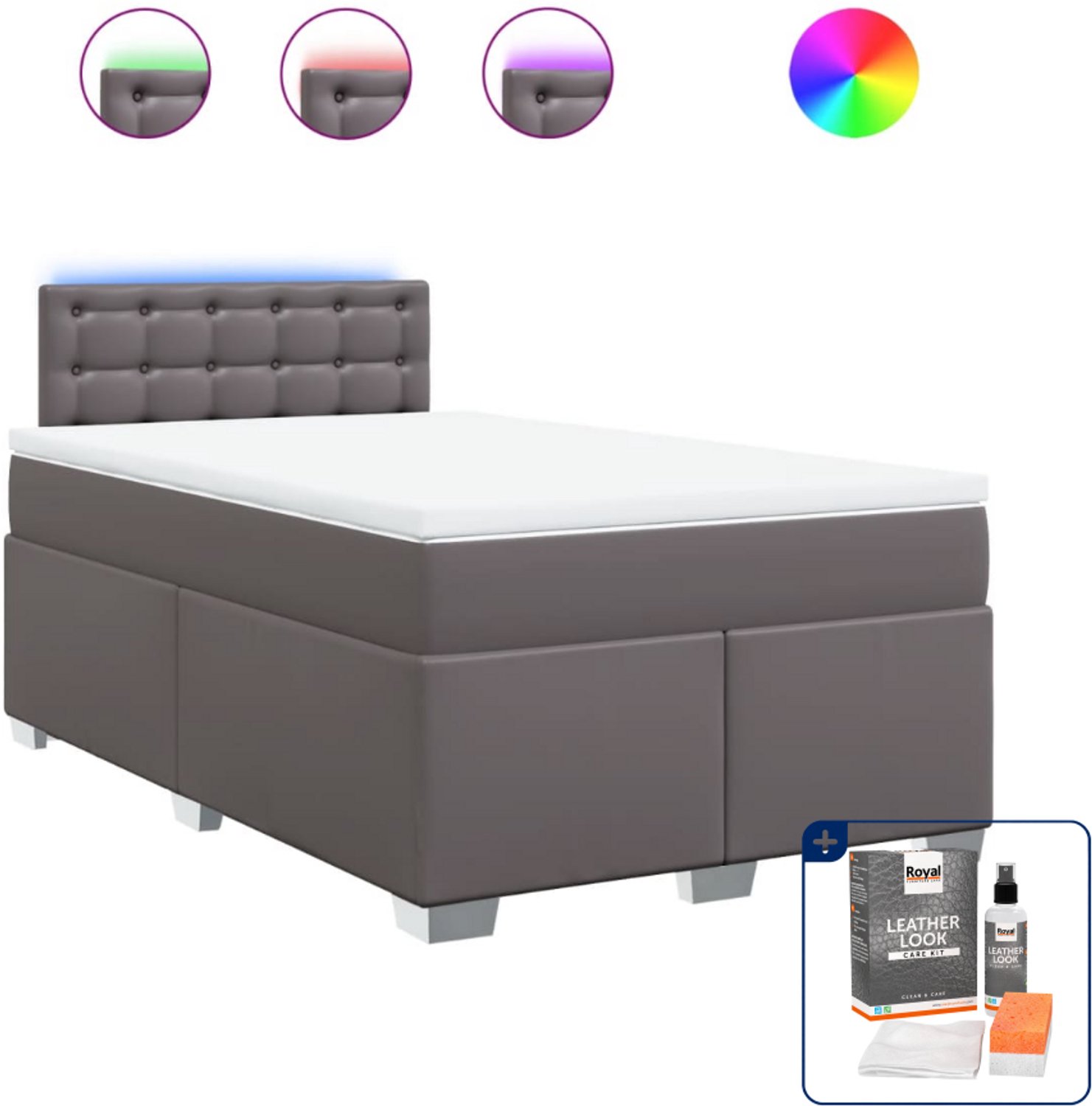 vidaXL boxspring met matras 120 x 200 cm - kunstleer - grijs - Inclusief onderhoudsset voor kunstleer 150 ml