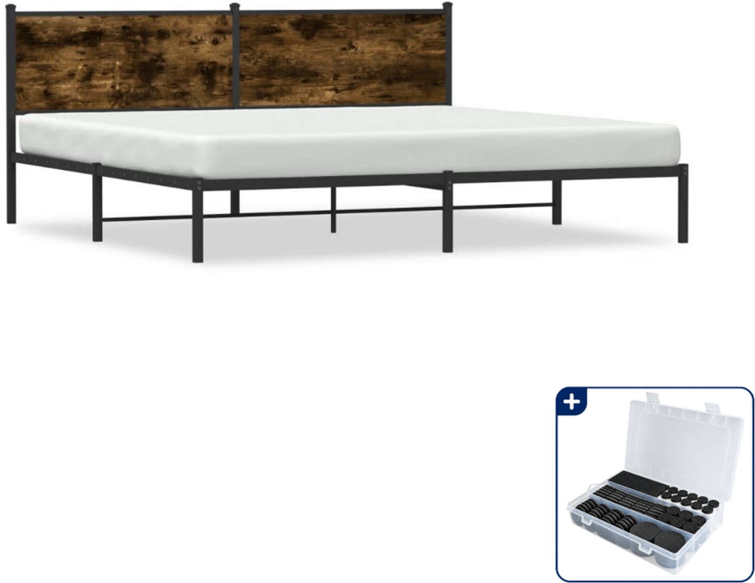 vidaXL Bedframe - 200 x 200 cm - staal en bewerkt hout - gerookt eiken - Inclusief antikrasvilt 177-delig Bruin