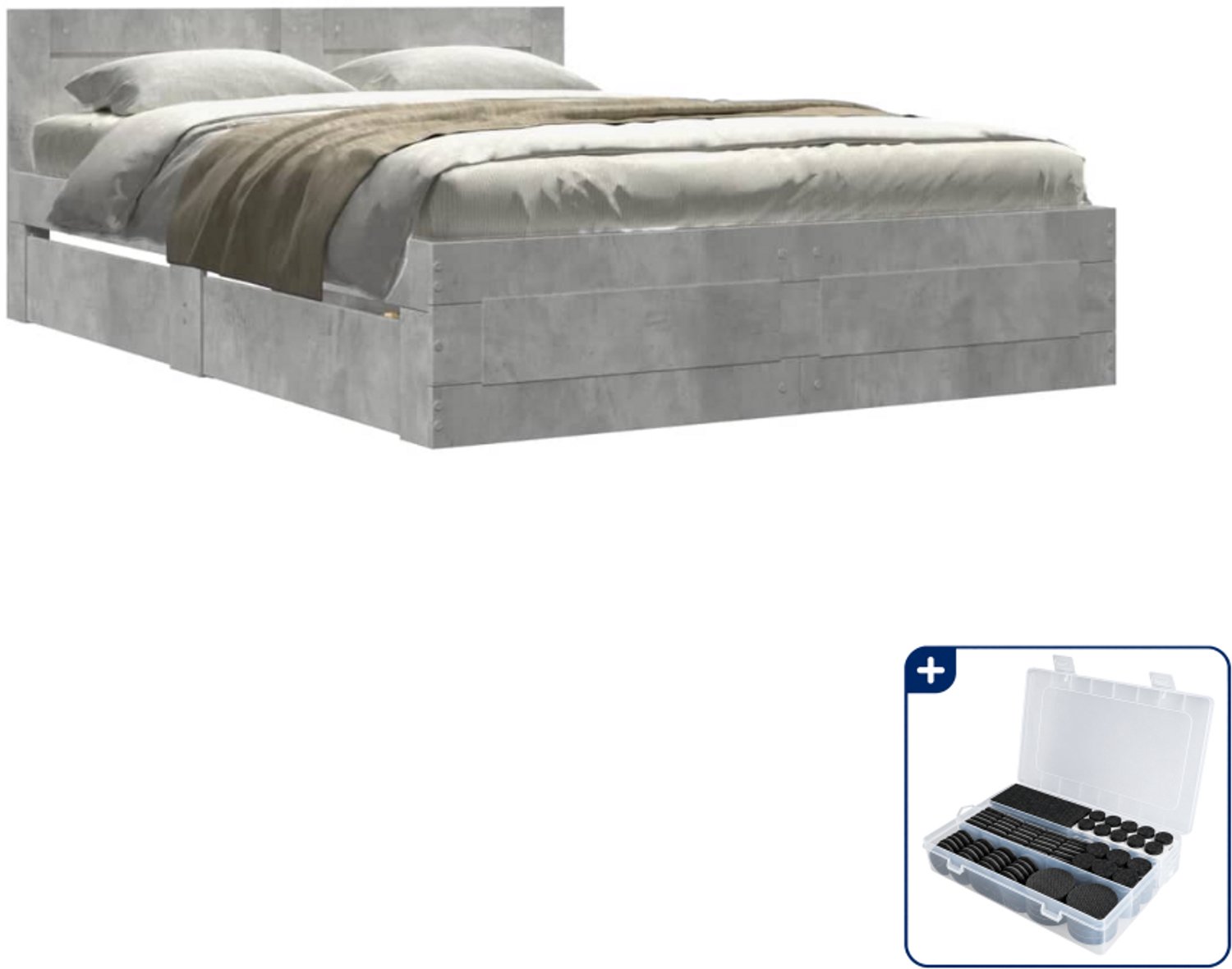 vidaXL bedframe - Small double 140 x 200 cm - bewerkt hout - betongrijs - Inclusief antikrasvilt 177-delig wit