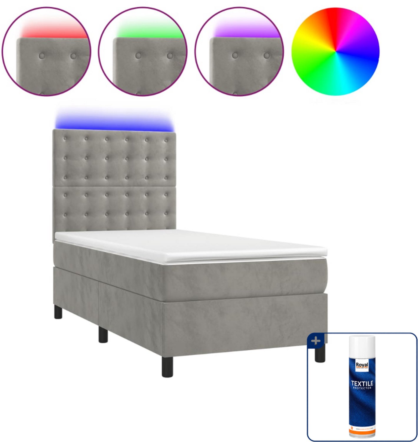 vidaXL boxspring met matras en LED - 90 x 190 cm - fluweel - lichtgrijs - Inclusief textielbeschermer 500 ml