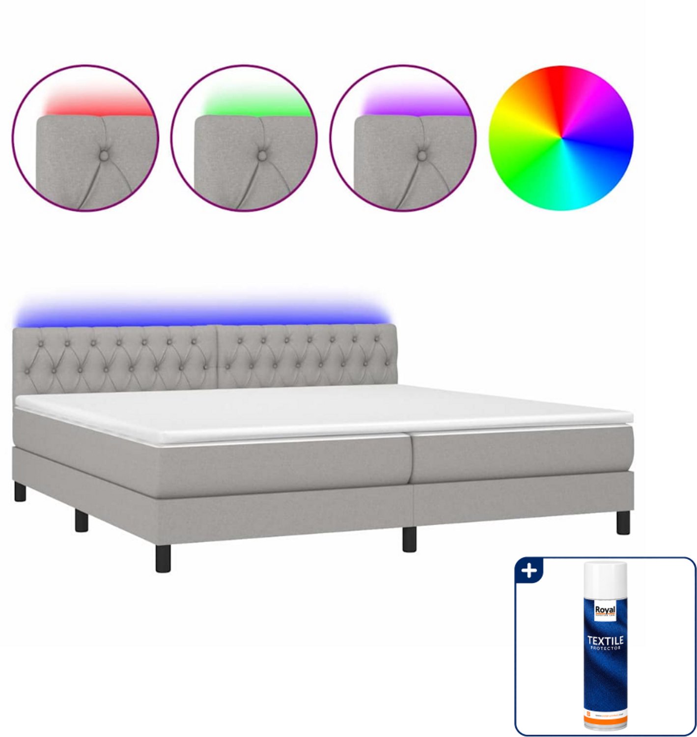 vidaXL boxspring met matras en LED - Super kingsize - lichtgrijs - Inclusief textielbeschermer 500 ml
